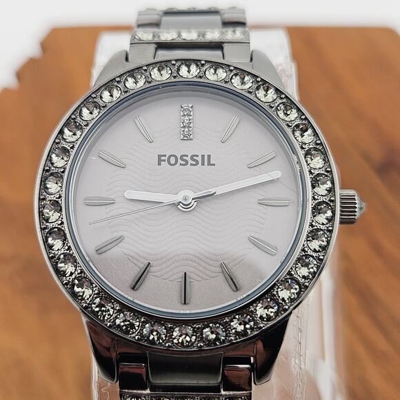 Fossil Women's Gunmetal Silver Bracelet Watch Rhinestone Crystal Bezel ES-3207 - Picture 2 of 7